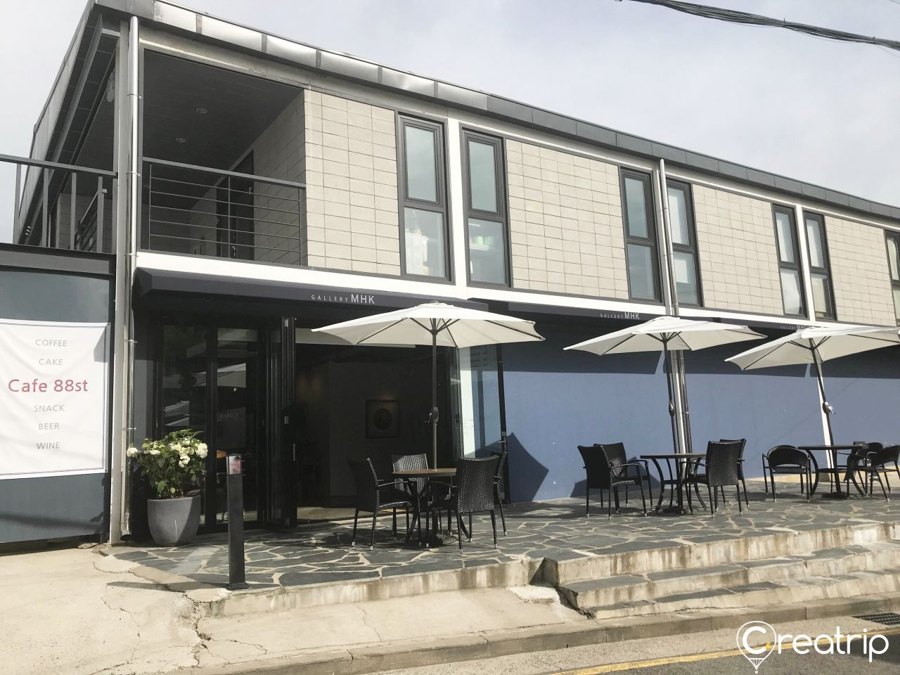Exterior of Cafe 88st with patio seating and umbrellas