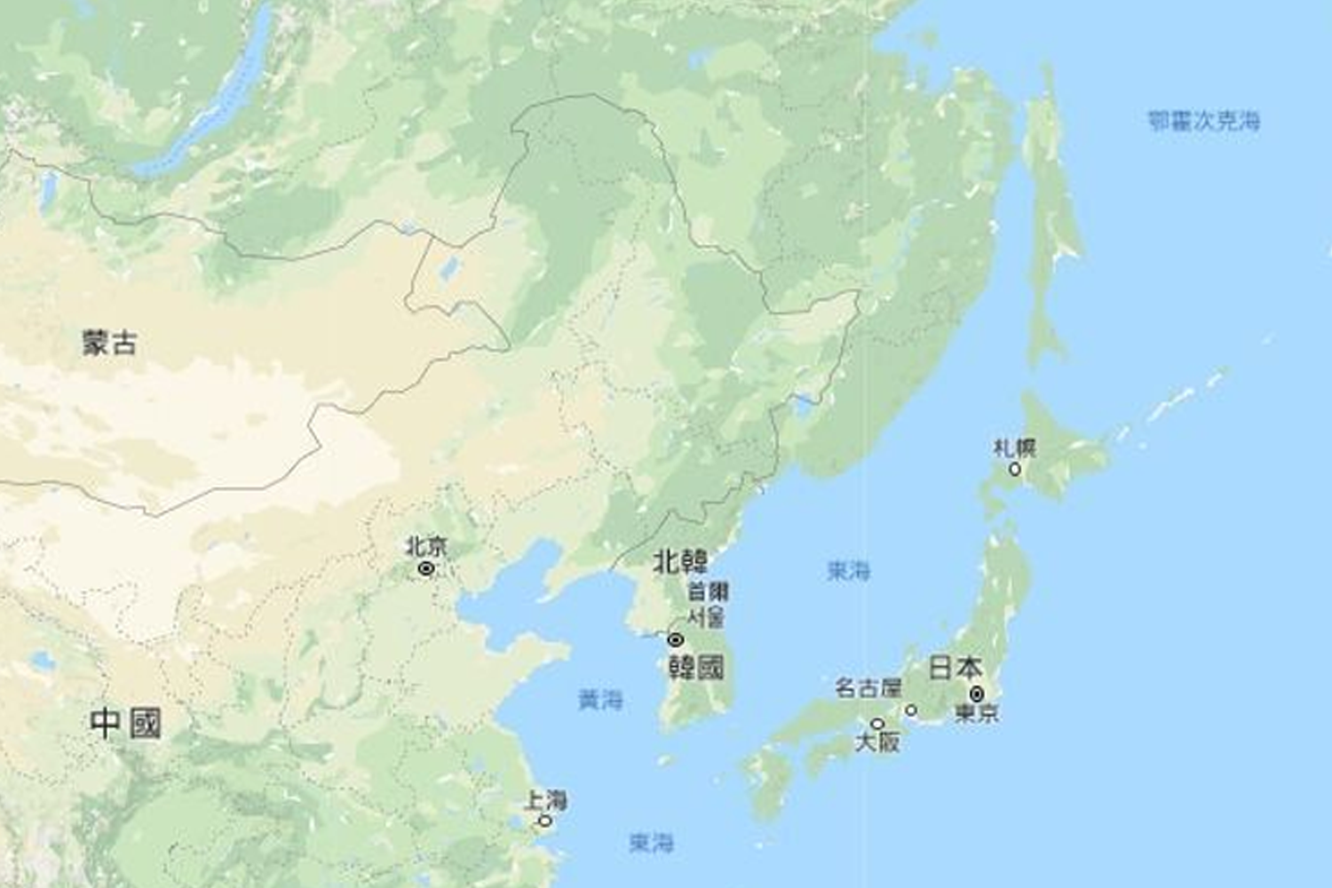 顯示韓國在東亞地圖上的位置，在中國和日本之間，展示韓國的地理區位。