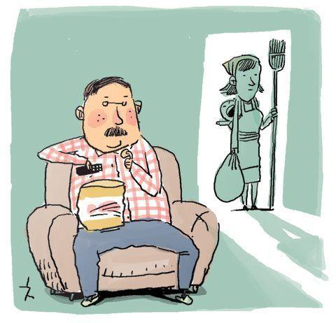 Cartoon illustrating traditional gender roles in a household, emphasizing cultural norms.