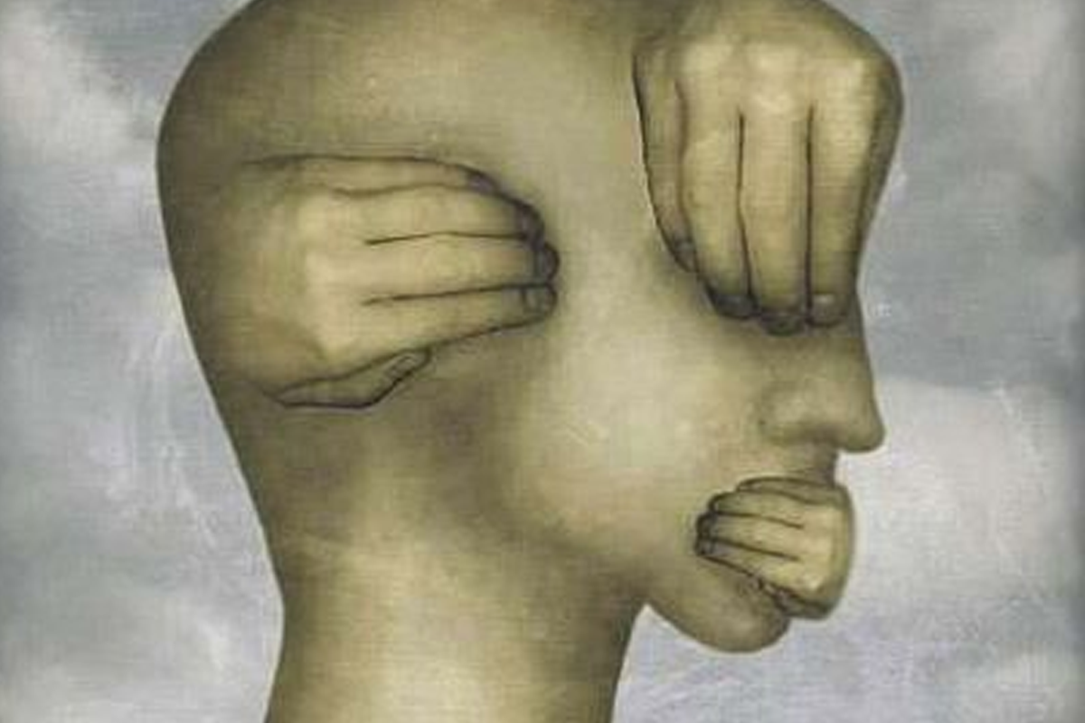 A conceptual art piece depicting a familiar struggle where a person