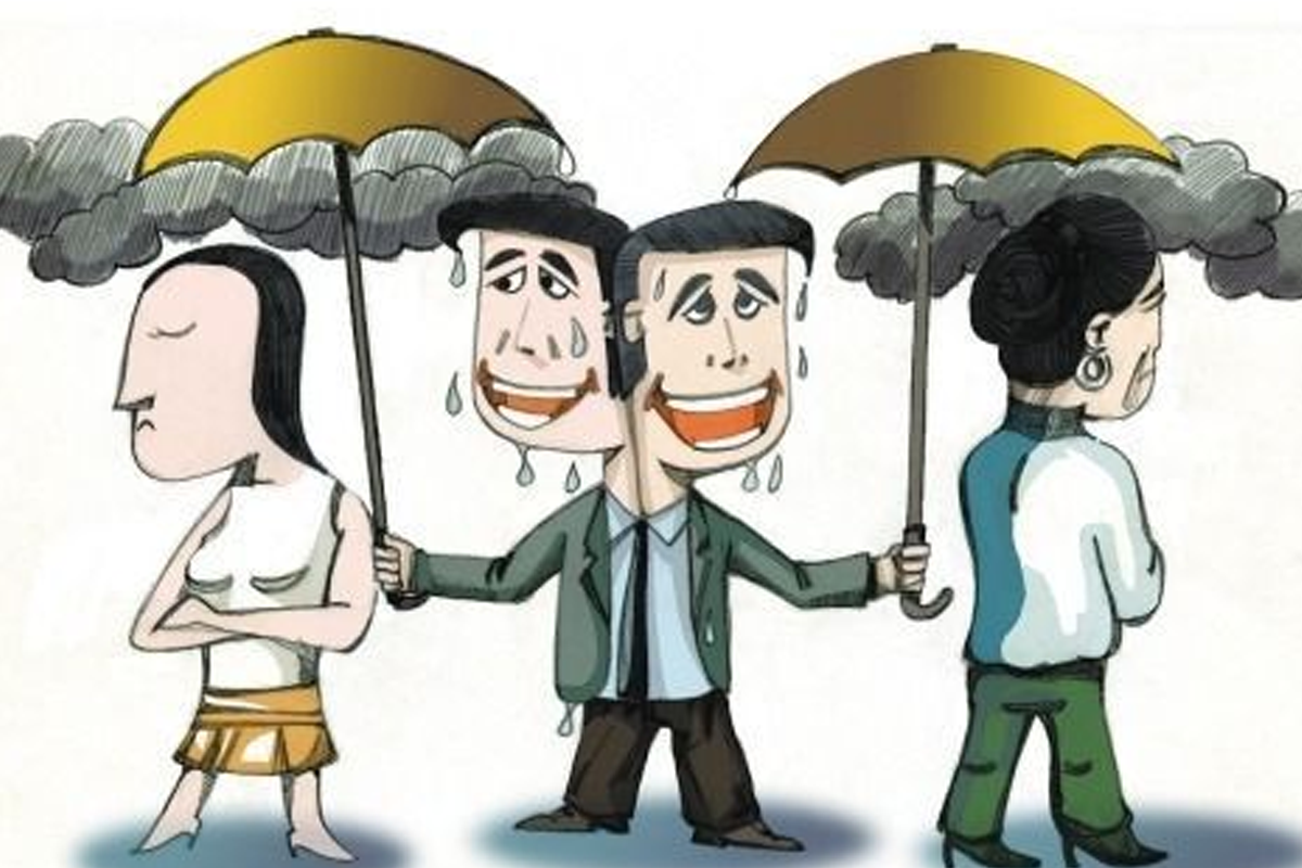 Illustration showing a man caught in between the disagreement of his wife and mother with shadowy clouds.