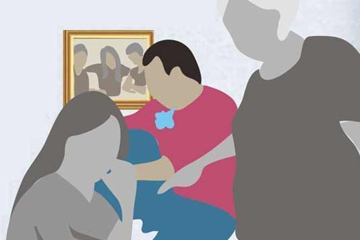 Abstract illustration of a family conflict with a woman feeling cornered.