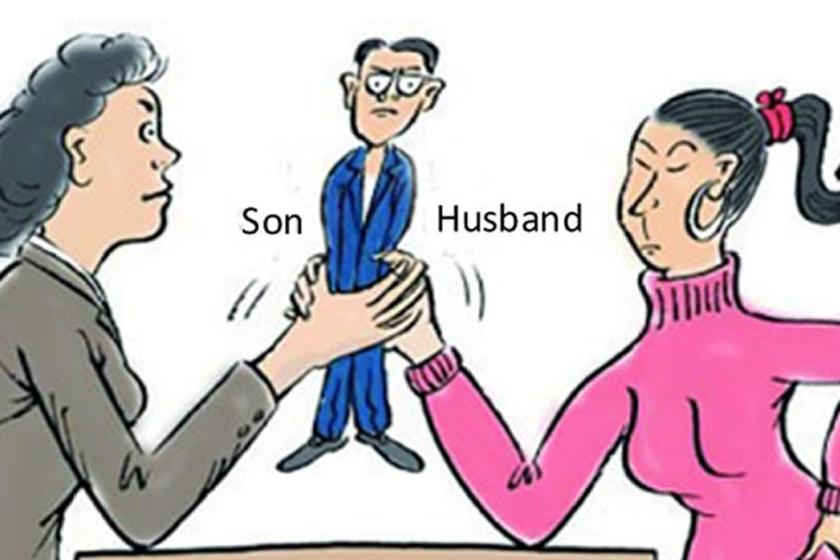 A comic strip showing a tug-of-war between a husband, wife, and mother-in-law.