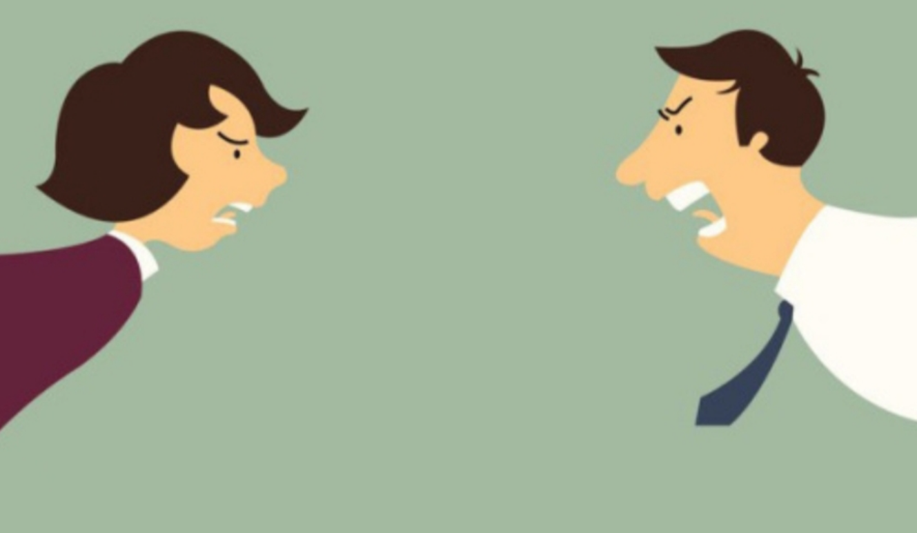 怒っている男女の姿を示すイラスト。嫁姑や男女間の対立を表している。