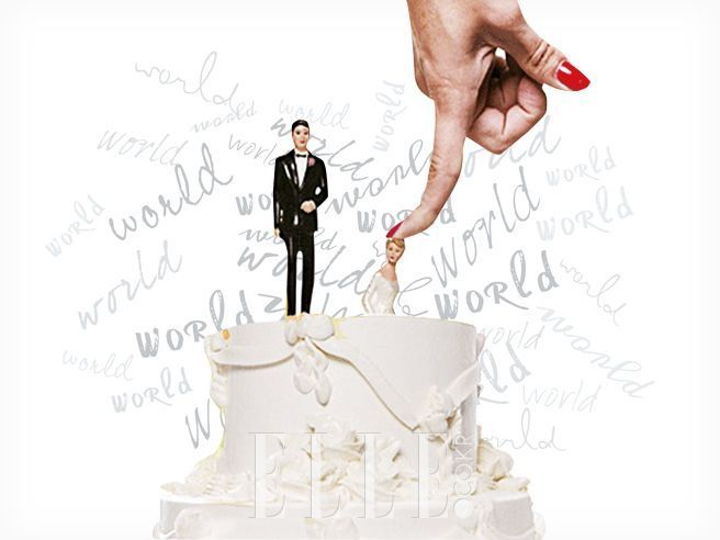 結婚蛋糕上新郎和新娘的造型，被一隻手指指向，象徵婚姻中的權力和控制。