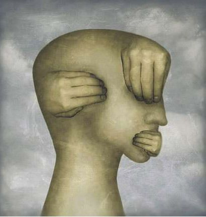 結婚生活の難しさを示すイメージ。見ることや聞くことを三年間は我慢しなければならないという古い教えを表す図。