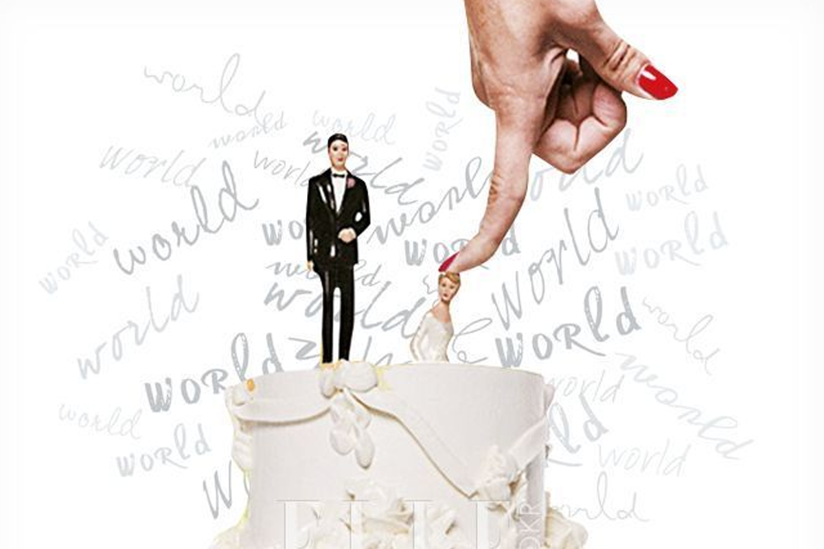Creative illustration featuring a groom and bride figurines on a wedding cake symbolizing marriage challenges.
