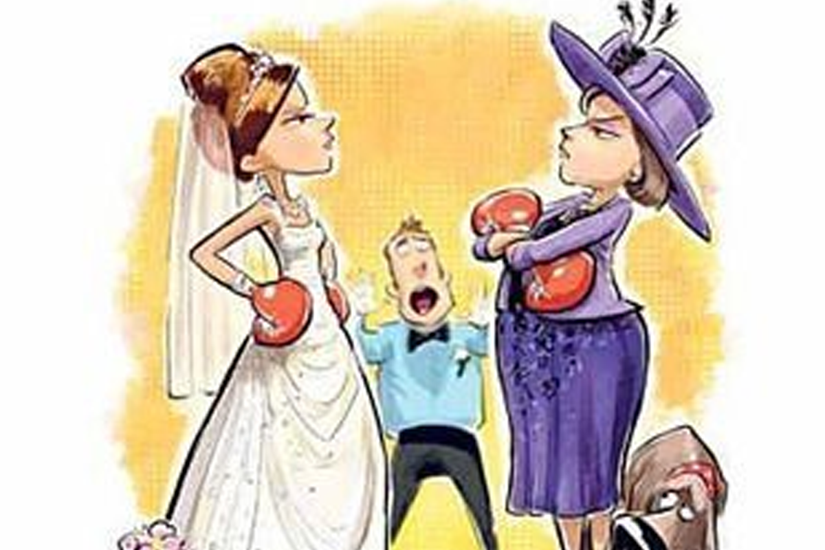 A humorous cartoon depicting a bride and mother-in-law preparing to box head-to-head.