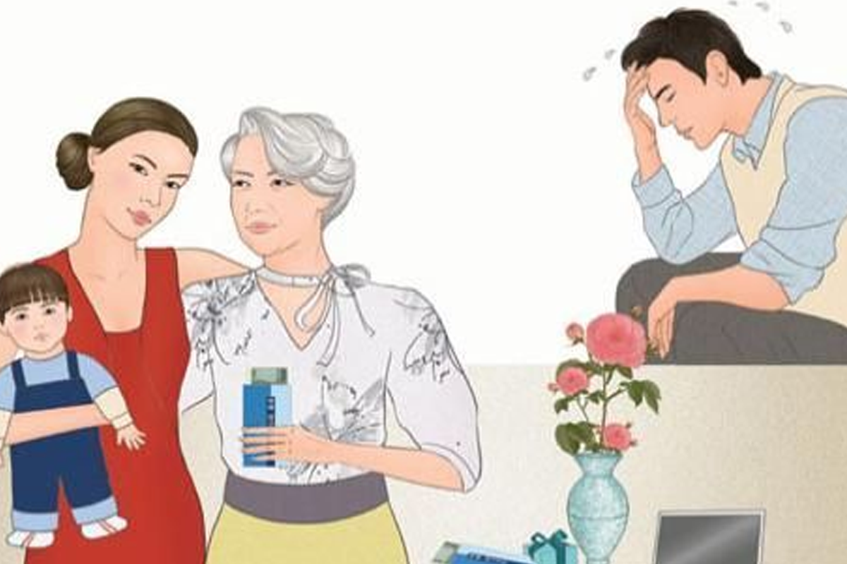 A vibrant illustration of a multi-generational family dynamic depicting a mother embracing her child and an elder looking on.