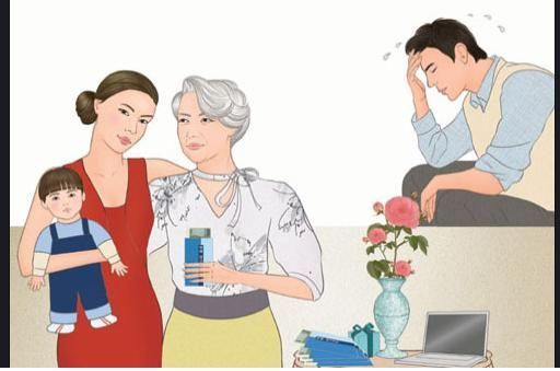 婆婆和媳婦在韓國家庭中照顧孫輩，丈夫在一旁思考如何化解婆媳糾紛。