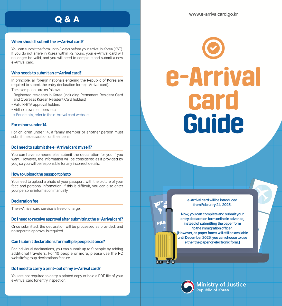 Graphic guide for submitting an e-Arrival card to enter South Korea, provided by the Ministry of Justice, explaining submission timelines and requirements for various travelers.