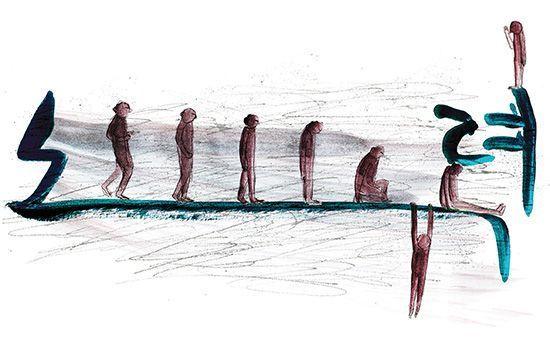 Artistic depiction of individuals stuck in a repetitive cycle, representing the struggle of Korean youths characterized by new terms like '노오력'.