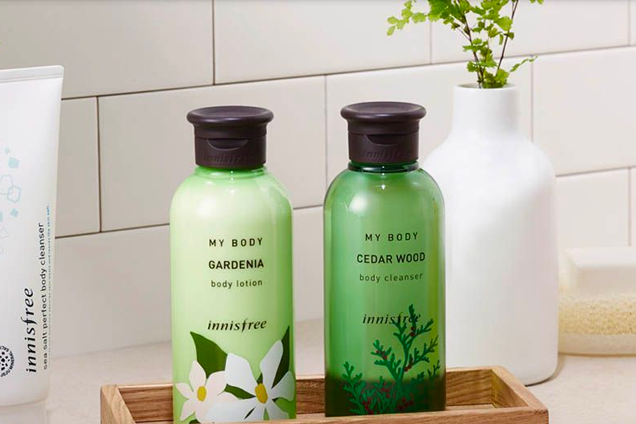 Innisfree body care products including lotions and cleansers, promoting Korean skincare innovation.