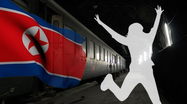 North Korean defector silhouette with North Korean flag backdrop symbolizing escape