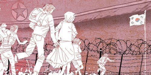 Silhouette of North Korean defector male figure running against barbed wire background