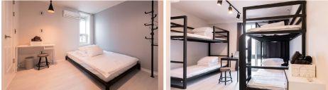 创旅提供的旅舍房间内景，现代简约大床房和双人上下铺房