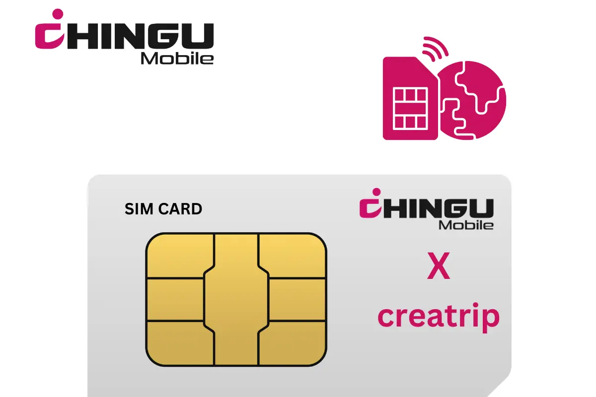 粉色與黑色品牌標誌的SIM卡促銷圖，顯示 CHINGU Mobile 與 creatrip 合作，圖中有SIM卡插圖與地球圖示，適用於韓國旅居與打工渡假通訊方案介紹。