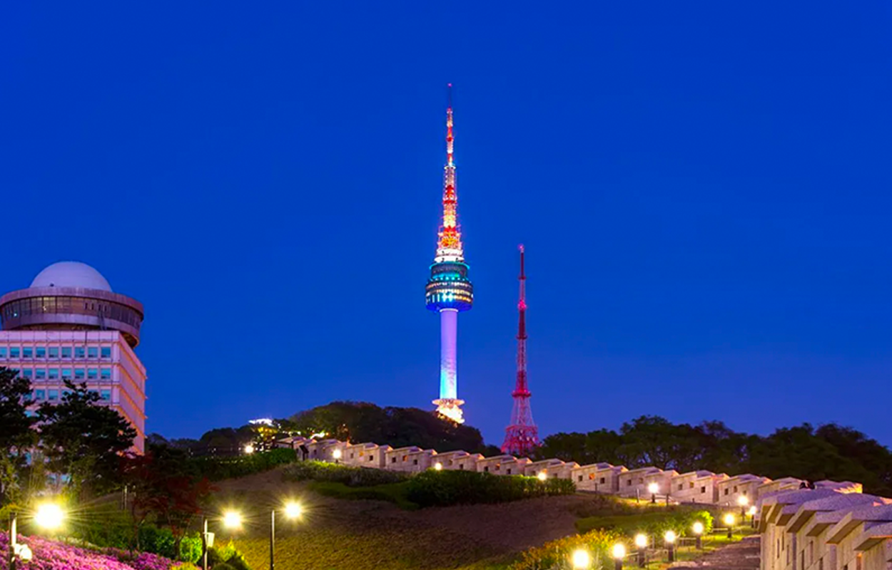 明亮夜空中的N首尔塔，塔身被灯光映照，周围有小屋和树丛