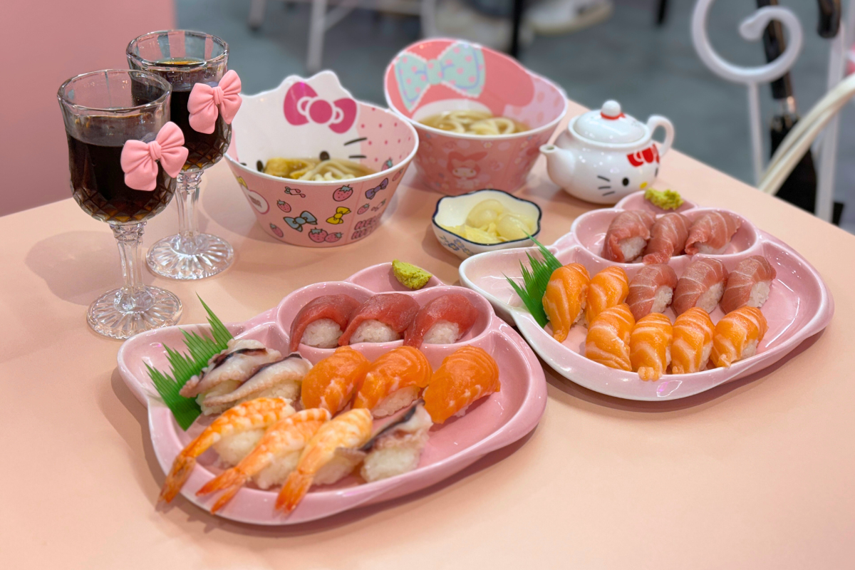 Plate of assorted sushi on Hello Kitty themed dish at Eunhaeng Gol Sushi in Myeongdong, Seoul.