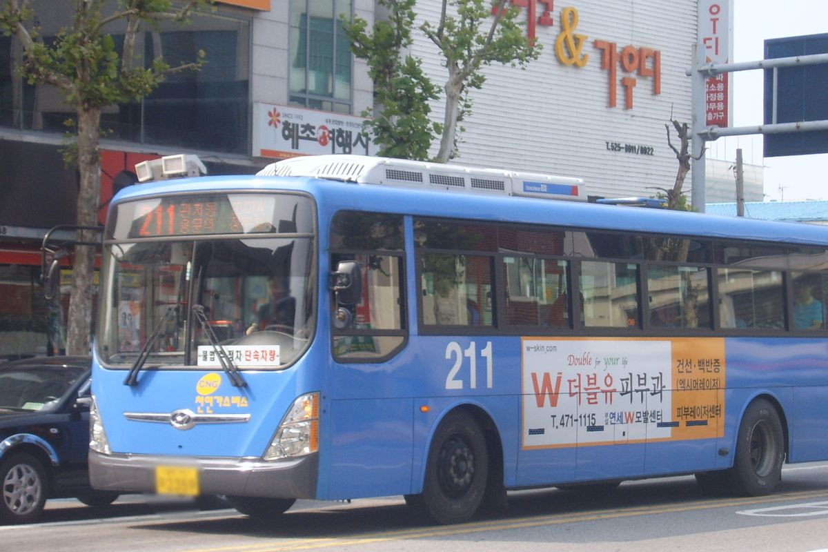 典型的韓國公共巴士，提醒遊客在車上飲食的限制以維護車廂清潔和秩序