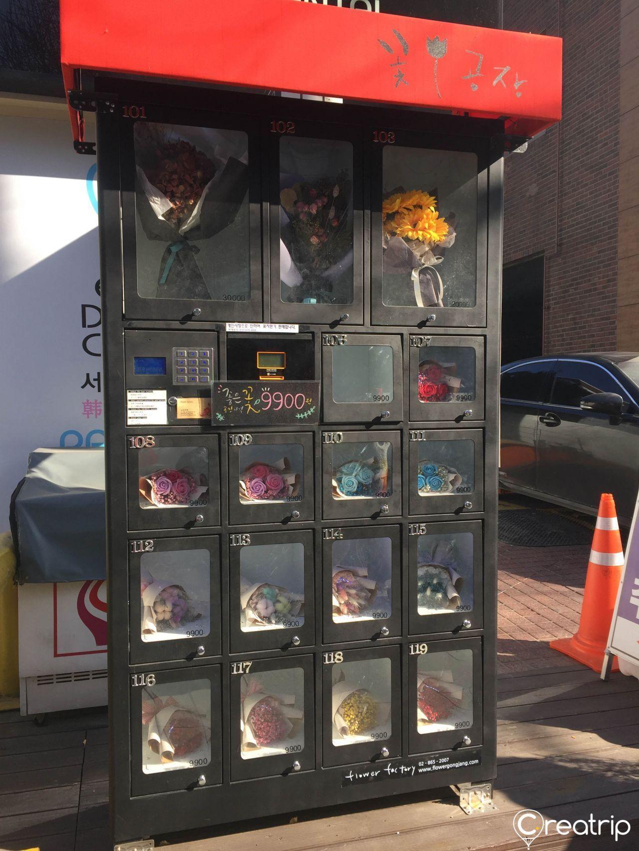 中国 韩国的干燥花贩卖机，贩卖机中摆放鲜花，浪漫街头装饰。