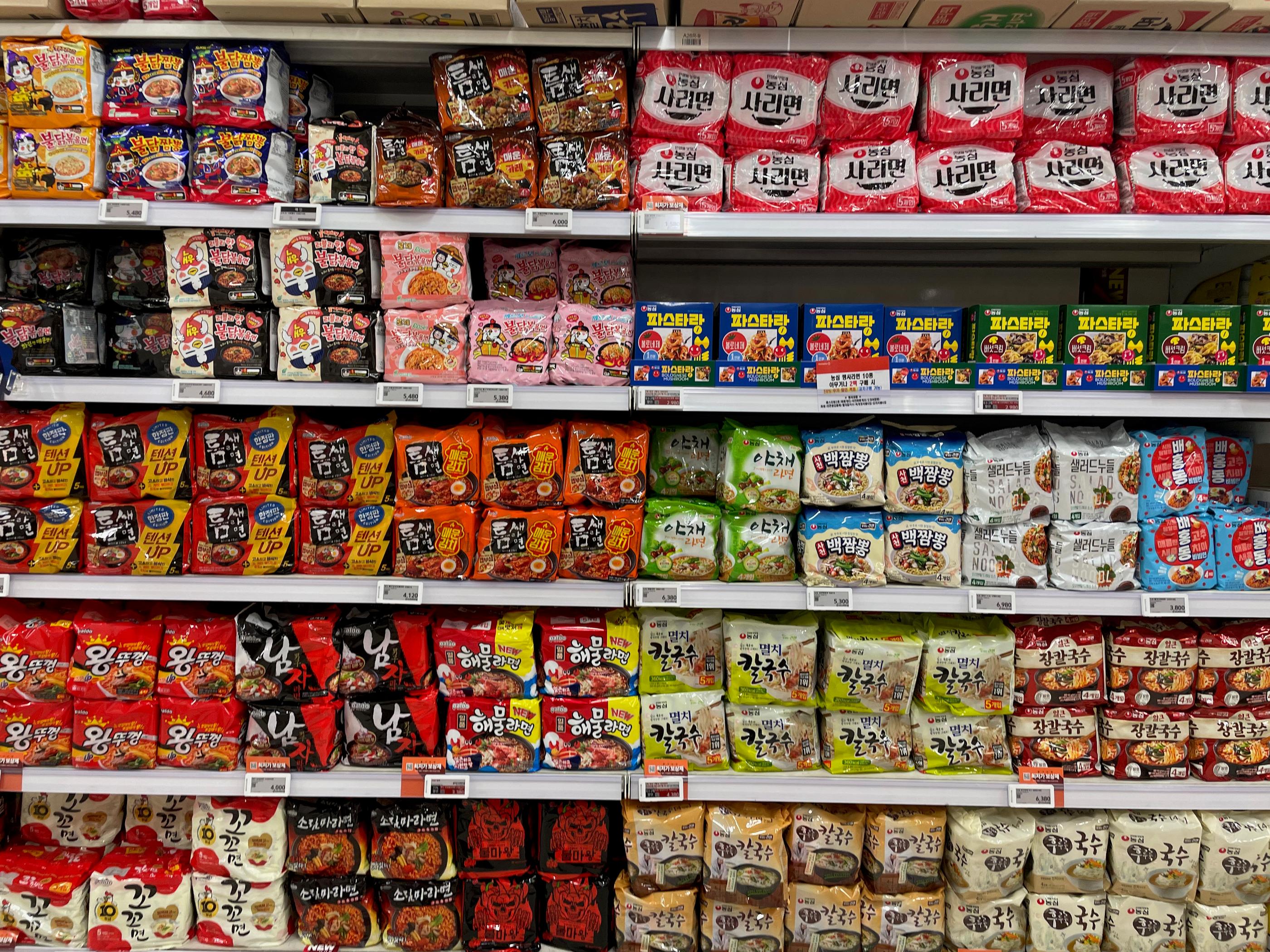Wide variety of noodles including Shin Ramen in Homeplus Hapjeong