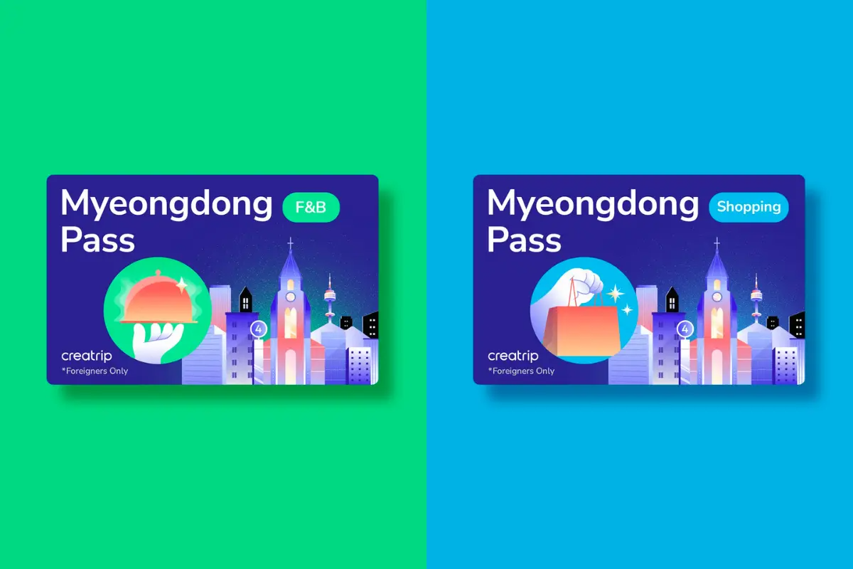 Illustrated design of Myeongdong Pass featuring vibrant graphics of food, beverages, and shopping for tourists visiting Myeongdong, Seoul.