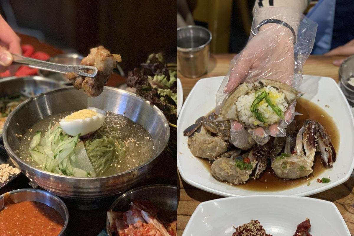 韓国料理を楽しむ東大門のグルメ市場での食事の様子