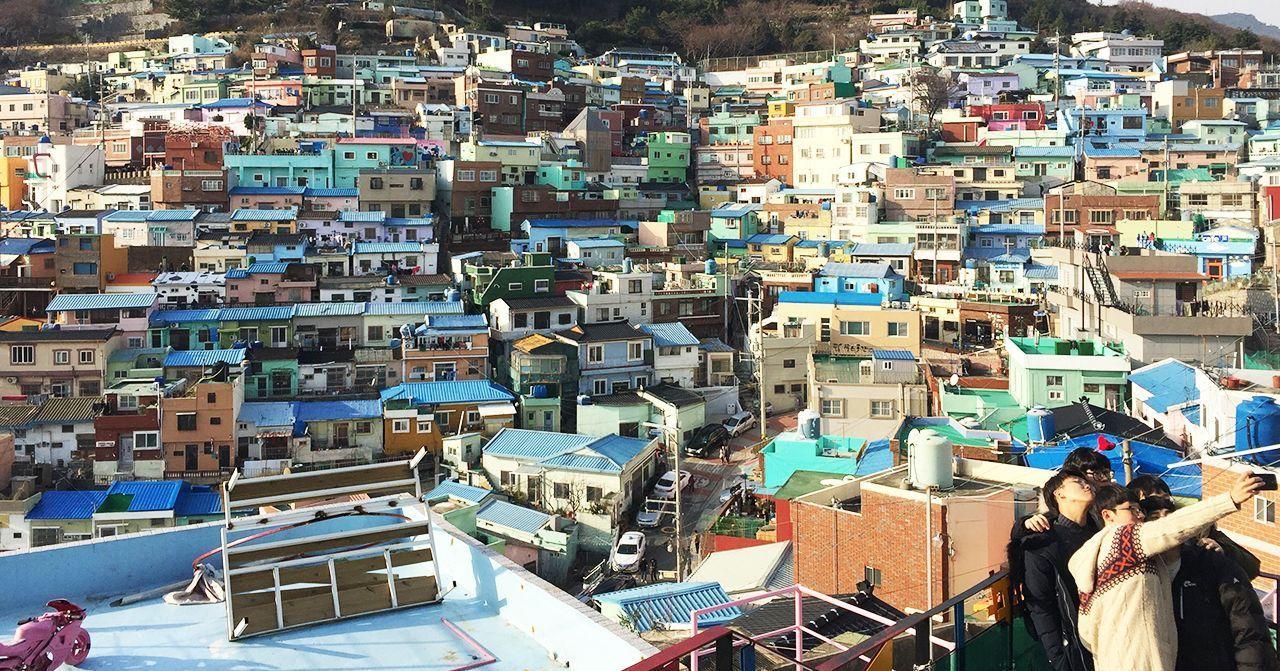 甘川洞文化村的色彩繽紛房屋，在陽光下的活潑景象