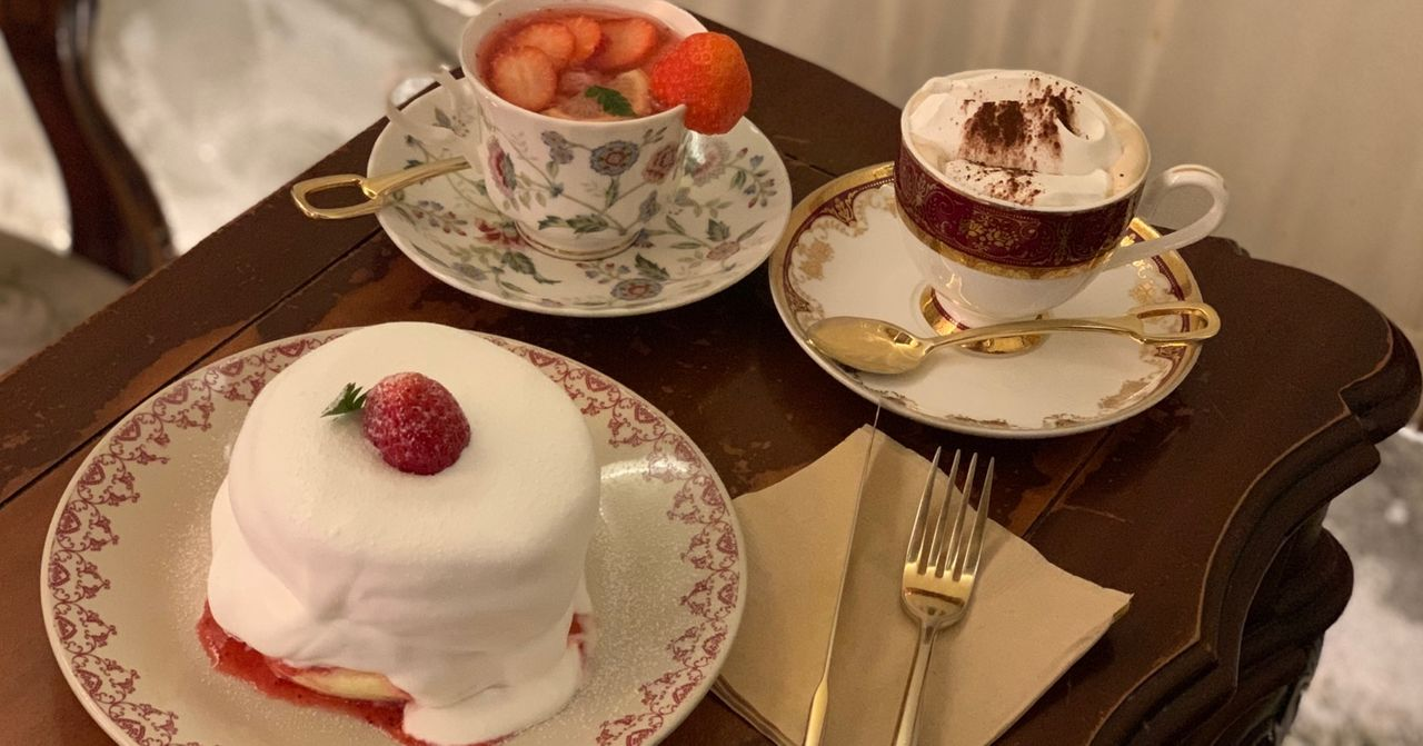 Exquisite set of dessert and strawberry drink at a Seoul cafe