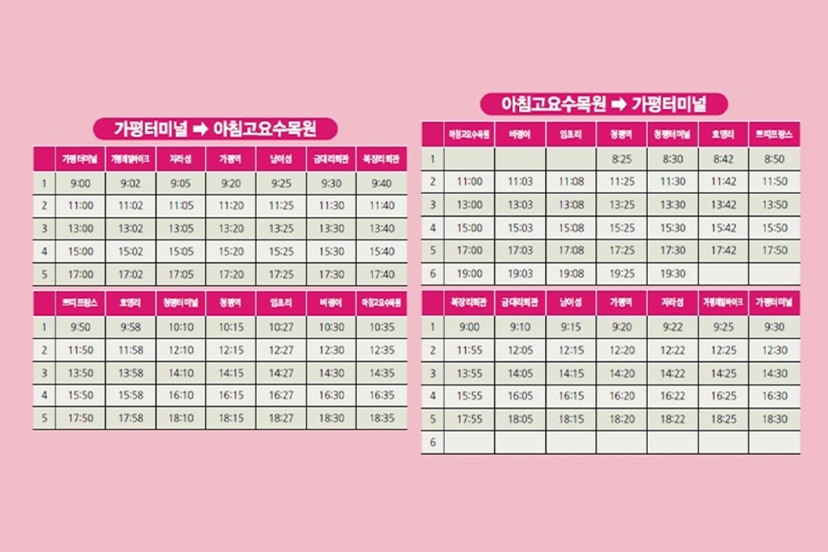 ตารางเวลารถบัสรอบๆ เกาะนามิ, เกาหลี. ตารางในแบ็คกราวน์สีชมพูแสดงเวลาการเดินทางระหว่างสถานที่ท่องเที่ยวต่างๆ. เหมาะสำหรับการวางแผนการเดินทางรอบเกาะ.