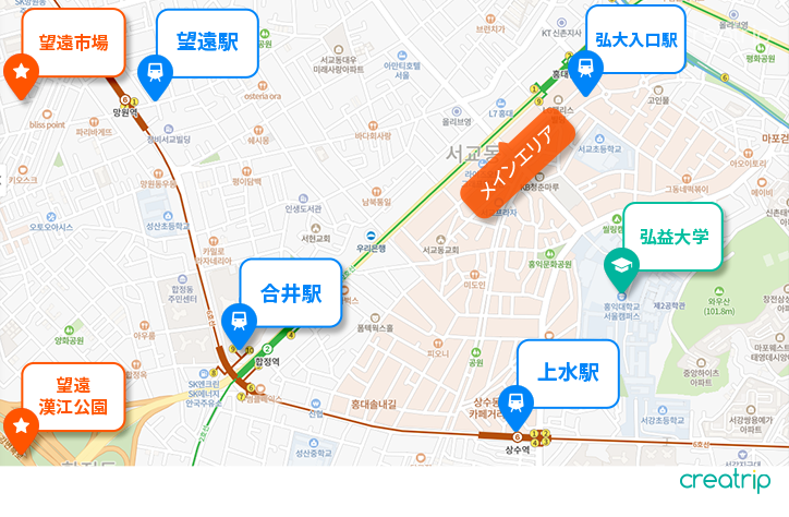弘大とその周辺エリアの地図、主要観光スポットが印されています