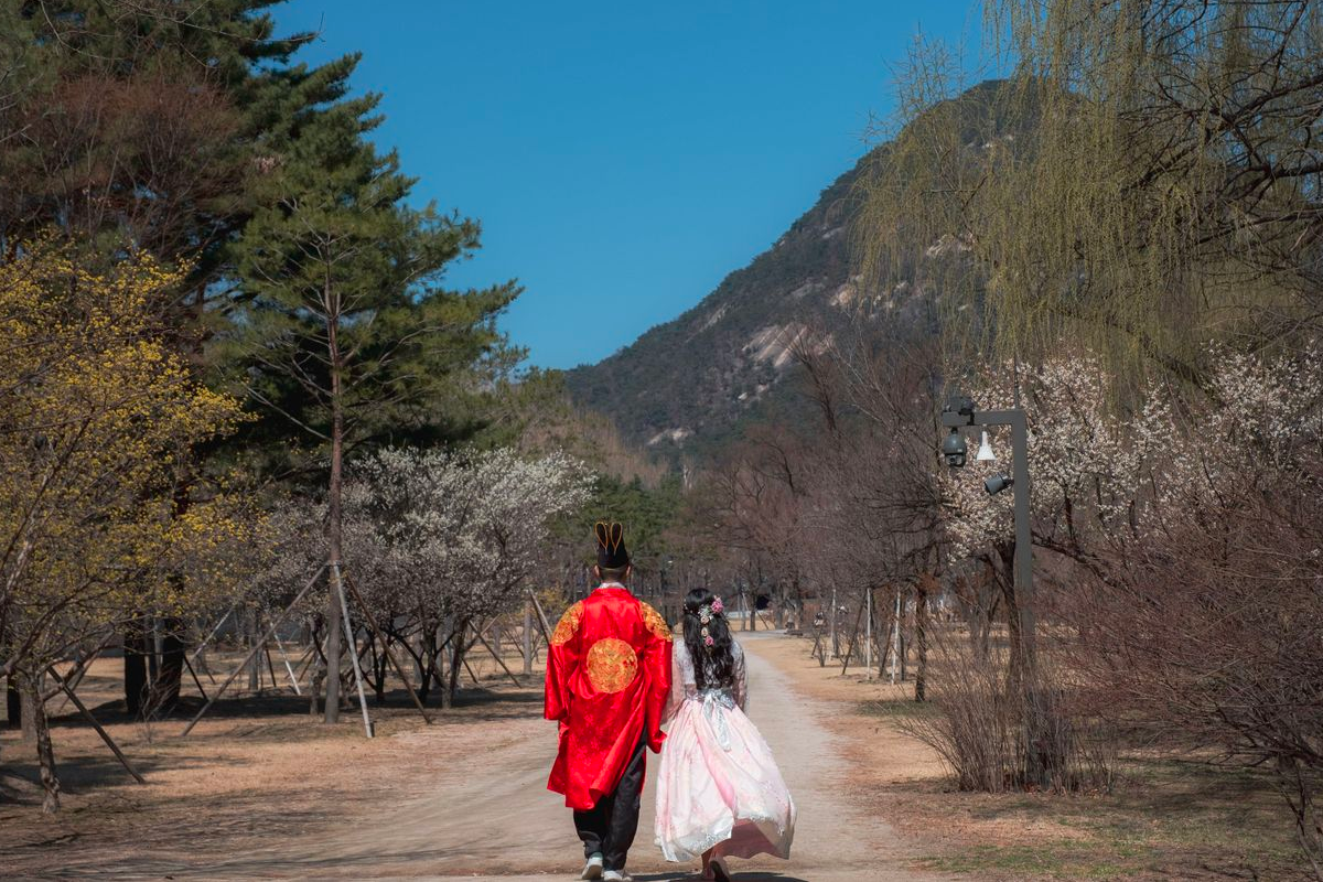 Premium Men's Hanbok in dark colors with intricate golden patterns at InKorea Hanbok.