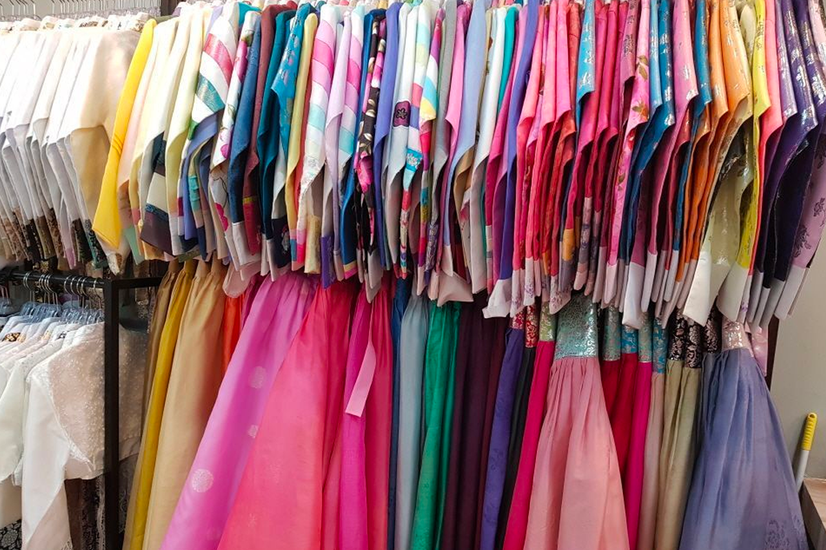 Beautiful flower crowns and accessories on display at InKorea Hanbok shop.