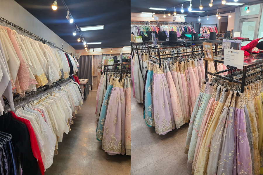 Hanbok rental interior showcasing an array of colorful and stylish Hanbok dresses.