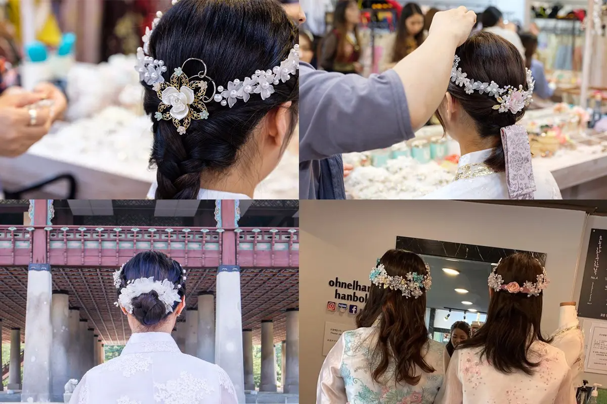 A collage of women wearing decorative hair accessories at Ohnelharu Hanbok, highlighting detailed floral hairpiece arrangements.