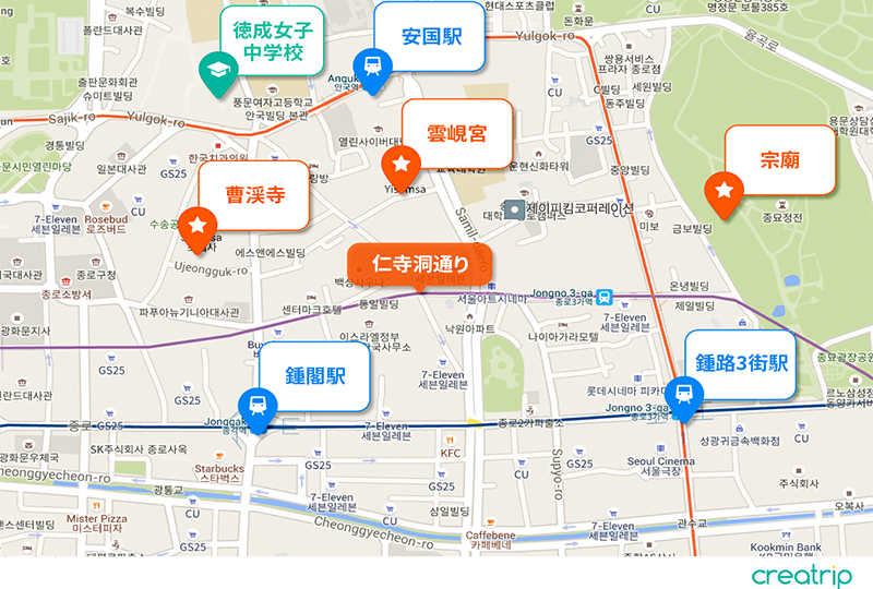 韓国ソウルの仁寺洞エリアを中心とする地図。各主要な観光スポットとアクセス手段を示す視覚的なガイド。