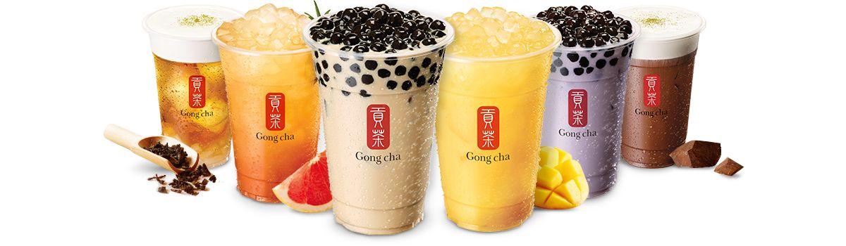 Variety of GONG CHA bubble tea flavors arranged side by side.