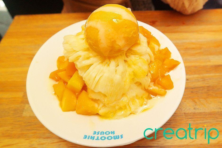 A plate of Taiwan's famous mango shaved ice from Smoothie House on Yongkang Street, a must-try dessert for visitors.