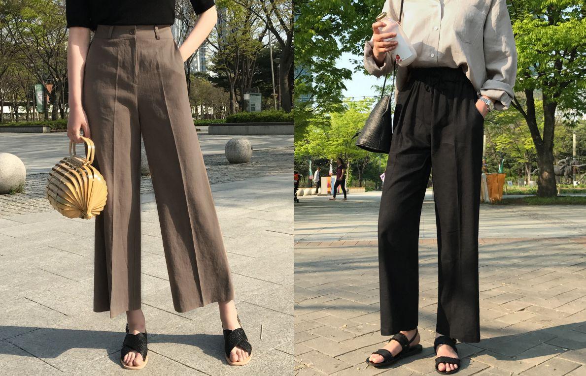 穿着宽松麻布料裤子的女性，凸显夏季轻松通风的穿搭。