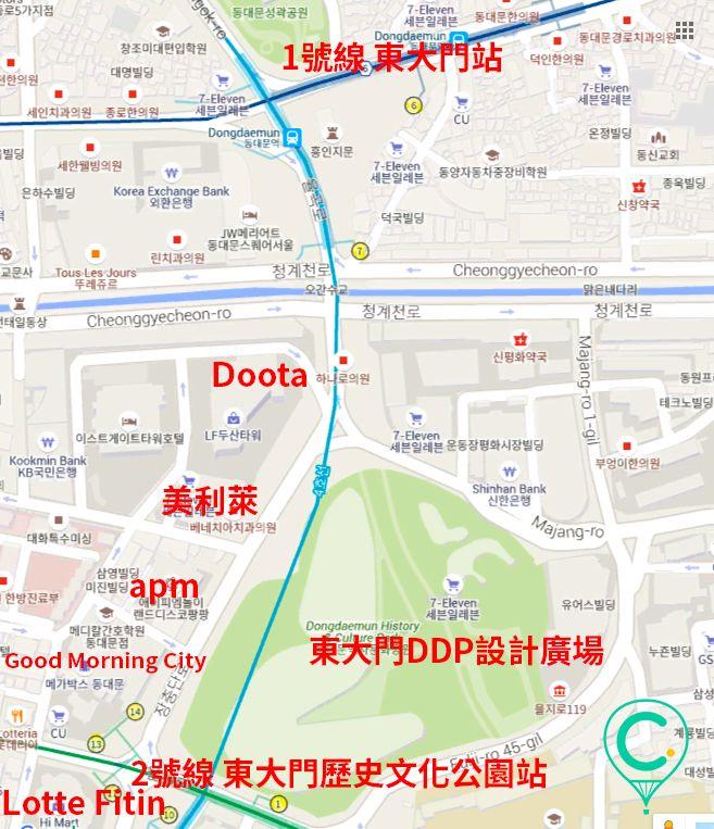 东大门设计广场地图，标注购物中心位置，便于游客探索。