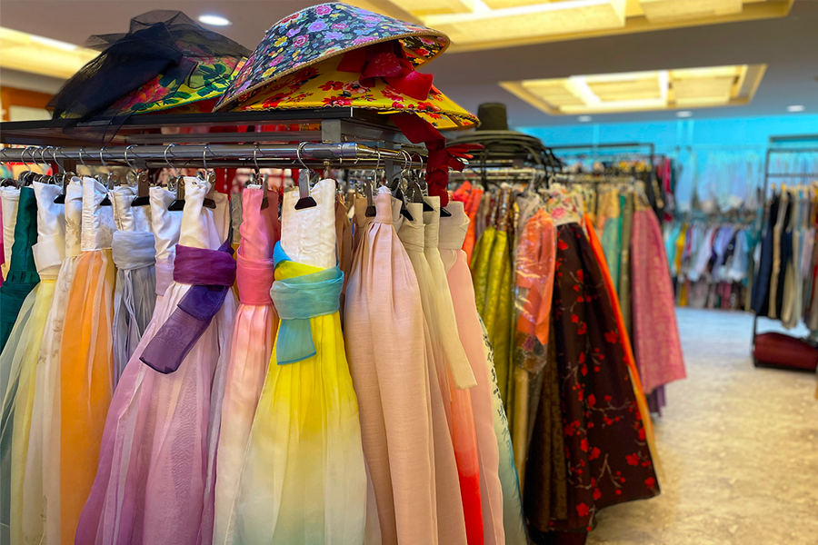 Close-up of various hanboks, showing an assortment of colors and patterns.