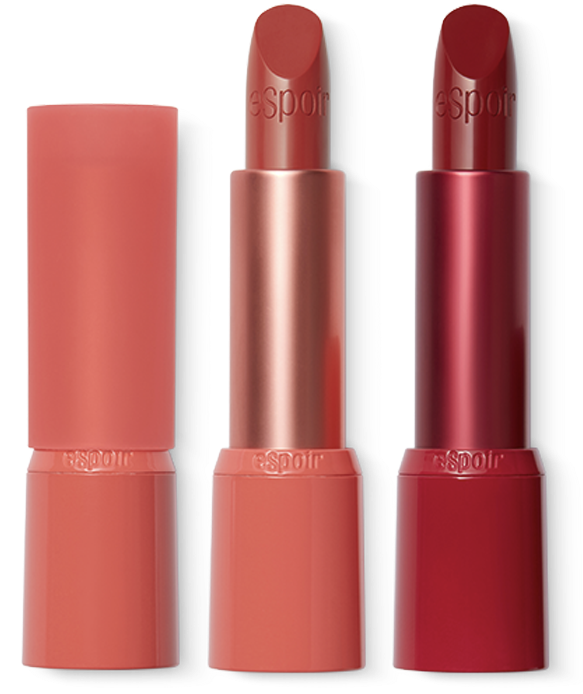 Три оттенка губной помады от eSpoir: цвет 'Sunlit' и 'Brisk' вместе с нейтральным тоном. Модные и популярные оттенки среди поклонников корейской косметики.