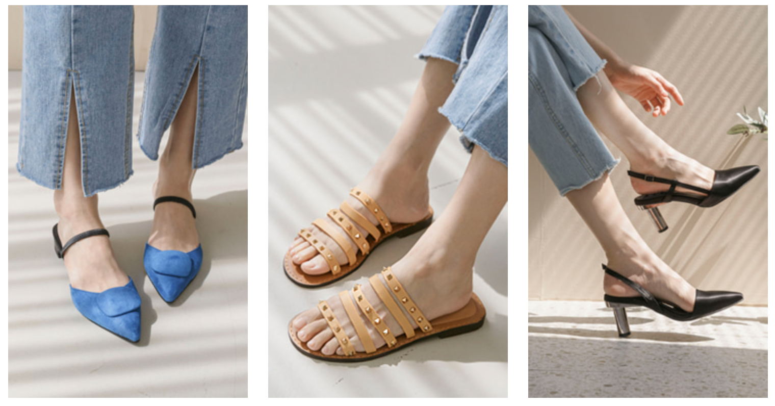 Series of stylish shoes including flats and heels worn with denim, emphasizing the fashionable diversity from BFSOLE.