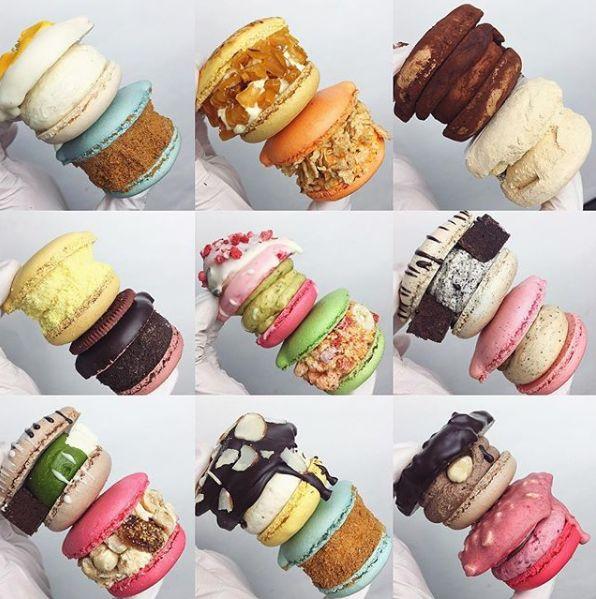 Array of impressive and colorful '胖卡龍' macarons stacked up, each filled with generous delicious fillings, adding a special twist to the traditional treat.