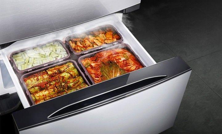 Interior view of a Korean kimchi refrigerator filled with various types of kimchi.