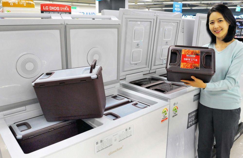 Woman placing kimchi container in a specialized kimchi refrigerator.
