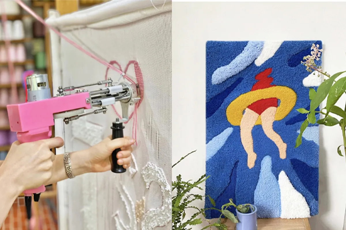 Craftsman using tufting gun on canvas for DIY rug making in Korea, showing innovative textile art techniques.