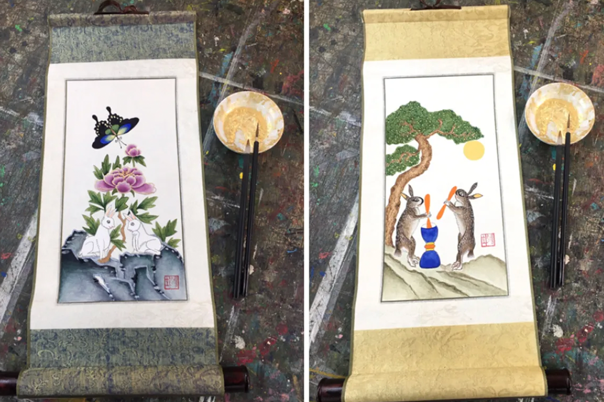 Korean traditional folk scroll paintings featuring rabbits and nature, highlighting cultural art appreciation.