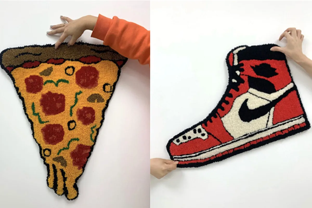 Two uniquely designed tufted rugs in Korea with vibrant patterns, emphasizing creativity and personal touch in textile art.